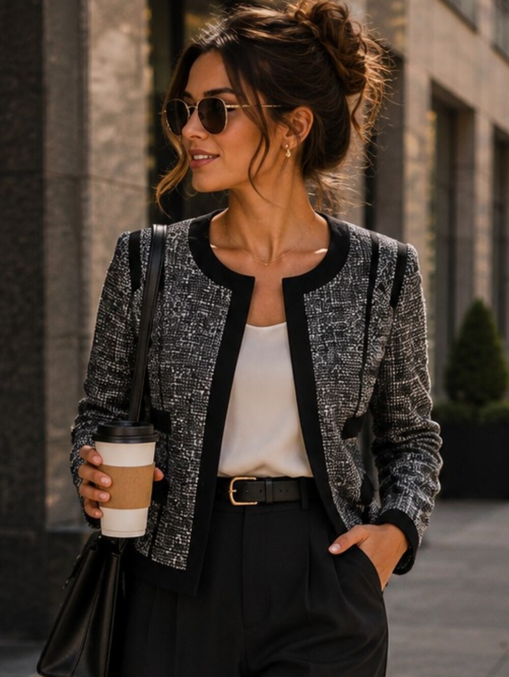 Narciso Rodriguez Black and Gray Tweed Open-Front Jacket